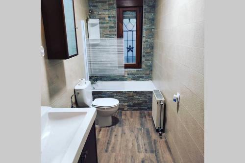a bathroom with a toilet and a shower with a window at Casa Rural La Vizana in Alija del Infantado