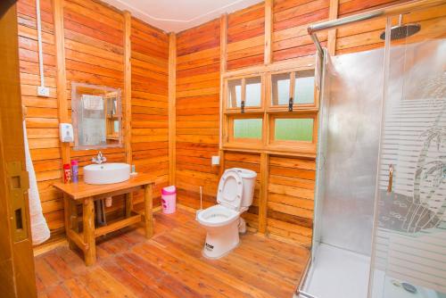 a bathroom with a toilet and a sink and a shower at Engiri Game Lodge and Campsite in Katunguru