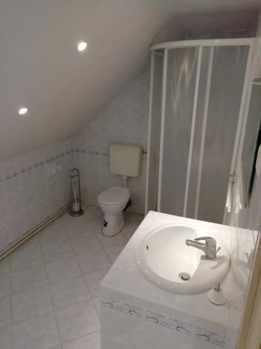 a bathroom with a sink and a toilet at Maci Vendégház in Békéscsaba