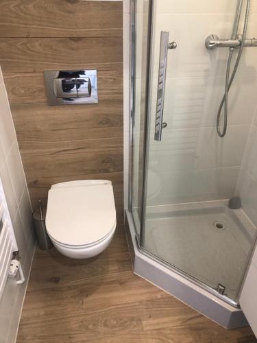 a small bathroom with a toilet and a shower at Apartament Wygodny S5 in Kalisz