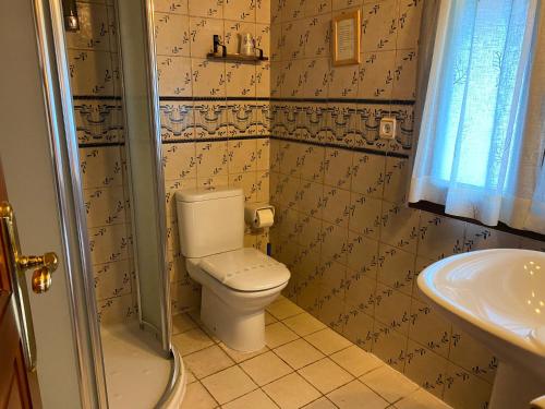 a small bathroom with a toilet and a sink at Hotel Alda in Avín