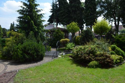 a garden with bushes and trees and a path at Apartament DeLuxe 2 in Oświęcim