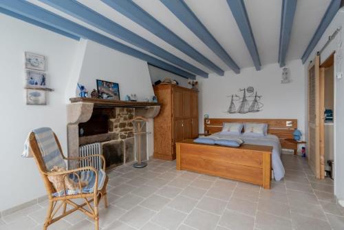 a bedroom with a bed and a fireplace at Gites Luzy Morvan Bourgogne in Luzy