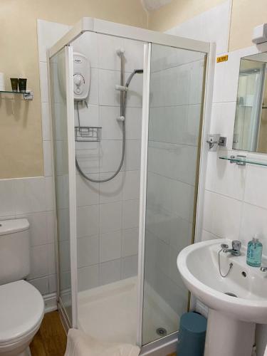 a bathroom with a shower and a toilet and a sink at West Lodge Hotel in Aylesbury