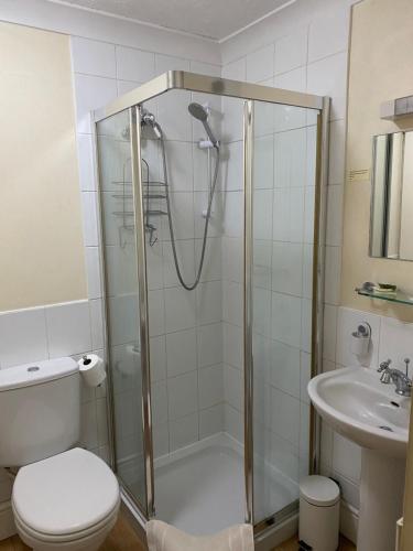 a bathroom with a shower and a toilet and a sink at West Lodge Hotel in Aylesbury
