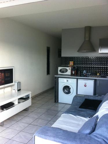- un salon avec un lit et un lave-linge dans l'établissement Appartement village naturiste, port nature , cap d'agde, chic, au Cap d'Agde
