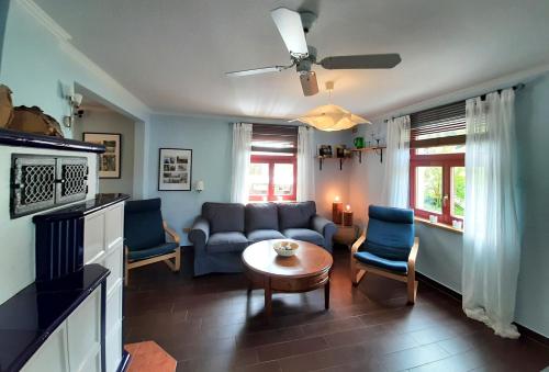 ein Wohnzimmer mit einem Sofa und einem Tisch in der Unterkunft Ferienhaus Jahrhundertreisen in Bad Schandau
