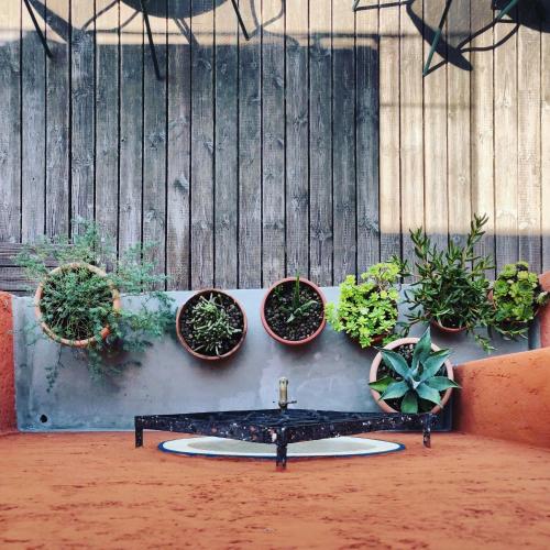 a table with four potted plants on a wall at Hotel Castello S. Antonio in Lazise