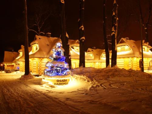 a christmas tree in the snow in front of a house at Osada Harenda in Zakopane