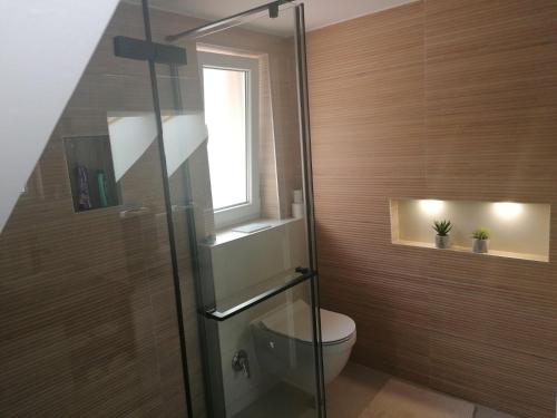 a bathroom with a shower with a toilet and a window at Nuage in Sarajevo