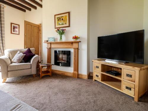 a living room with a television and a fireplace at Hillcrest in Retford