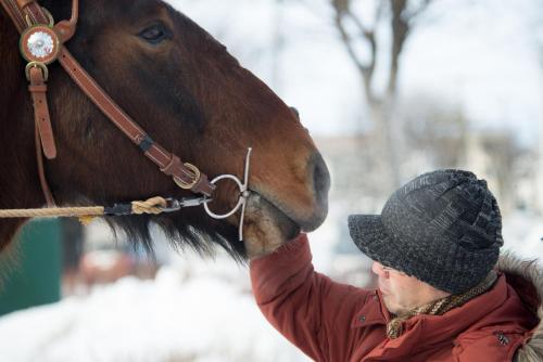a man is petting the nose of a horse at Hotel Nupka in Obihiro