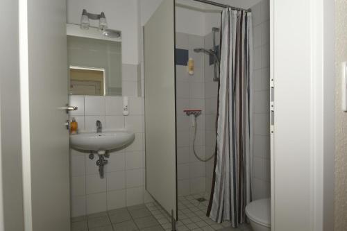 een badkamer met een douche en een wastafel bij Ellen Hotel in Flensburg