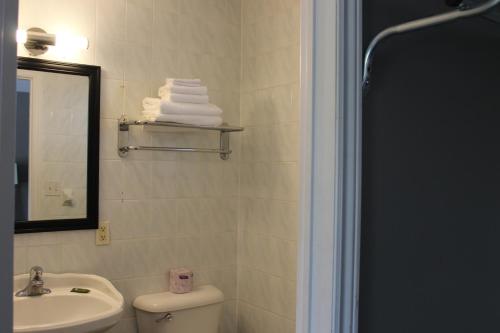 ein Badezimmer mit einem Waschbecken, einem WC und einem Spiegel in der Unterkunft Super 7 Motel London in London