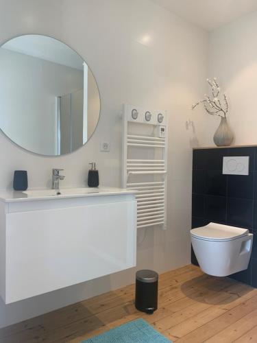 een badkamer met een witte wastafel en een spiegel bij L'Annexe, F2, 800 m de la plage in Donville-les-Bains