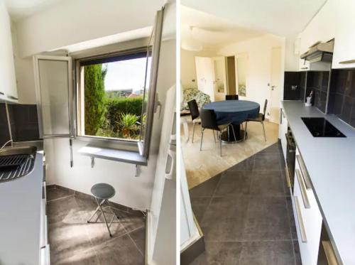 Il comprend une cuisine et un salon avec une table et une fenêtre. dans l'établissement NICE FLAT WITH GARDENS Limites cannes juste 10 MNS CROISETT, au Cannet