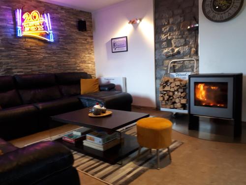 a living room with a couch and a fireplace at La Renaissance 1&2 high standing guest house in Herve