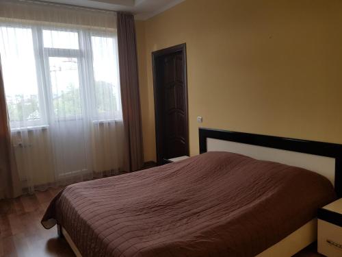 a bedroom with a bed and two large windows at Villa Kameliya in Truskavets