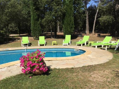 einen Pool mit grünen Stühlen und rosa Blumen in der Unterkunft LES PAPILLONS in Flassans-sur-Issole