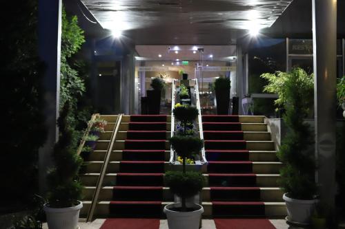 a set of stairs with potted plants on them at Rovno Hotel in Vidin