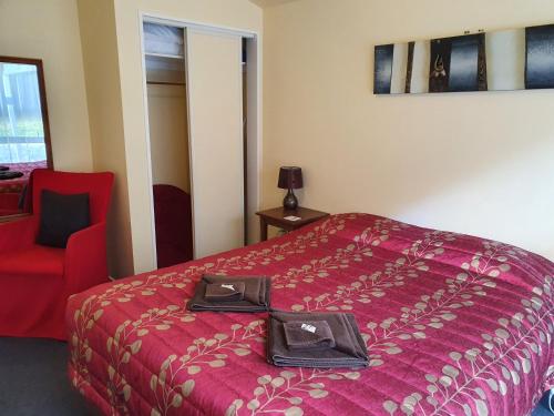 a bedroom with a red bed and a red chair at Havelock Garden Motel in Havelock
