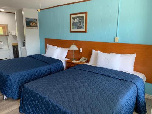 two beds in a hotel room with blue walls at Town & Country Motel in Parry Sound