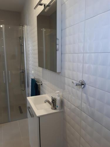 bagno con lavandino e doccia con specchio di Apartments CroatiaSun a Vodice