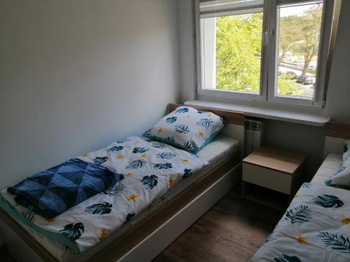 Cama pequeña en habitación con ventana en Apartament Tygrysek en Ustka