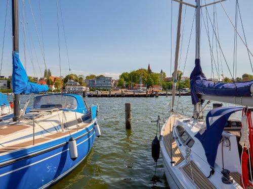un grupo de barcos atracados en un puerto en Haus Putbus - Ferienwohnung 7 "Southwest beach", en Altefähr