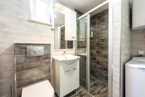 W łazience znajduje się umywalka, toaleta i lustro. w obiekcie Apartments Lucija w Dubrowniku