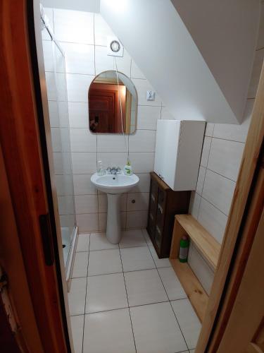 a small bathroom with a sink and a mirror at Mazurska Perła in Jaśkowo