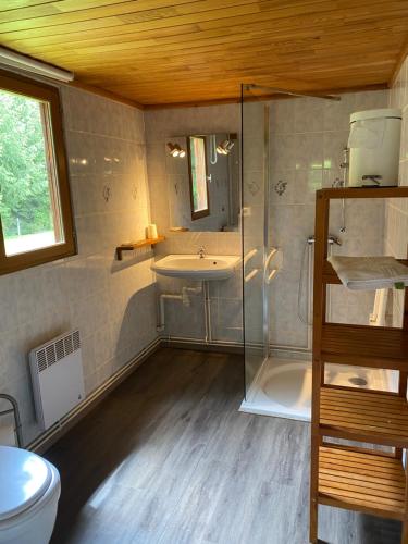 La salle de bains est pourvue d'une douche, d'un lavabo et de toilettes. dans l'établissement L'imprévu, à Vaulnaveys-le-Bas