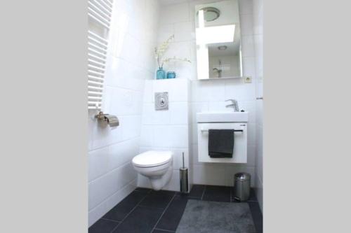 a white bathroom with a toilet and a sink at Stylish Canalhouse B in Amsterdam