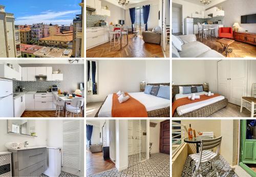 un collage de quatre photos d'une pièce dans l'établissement Nestor&Jeeves - HAPPINESS BEACH - Central - Close sea - Top floor, à Nice