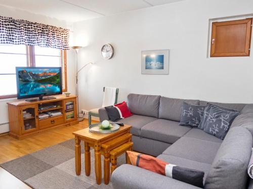 a living room with a couch and a tv at Holiday Home Karhunvartijan linna a2 by Interhome in Ruka