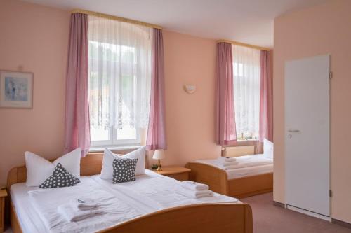 1 Schlafzimmer mit 2 Betten und 2 Fenstern in der Unterkunft Boselblick Gästezimmer & Biergarten in Sörnewitz