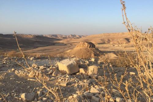 a field with rocks and a mountain in the distance at cozy room in Mitzpe Ramon