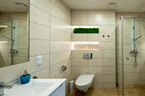 un bagno con wc, lavandino e doccia di Apartament Na Borach II SPA a Szczyrk
