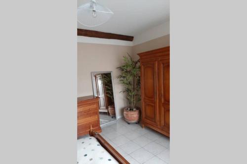 a hallway with a wooden cabinet and a potted plant at Maison de village 60m2 pratique et confortable in Lapalme