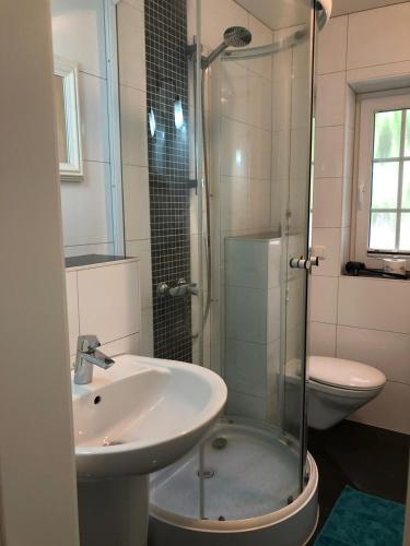 a bathroom with a sink and a glass shower at Apartment in Wiek in Wiek auf Rügen