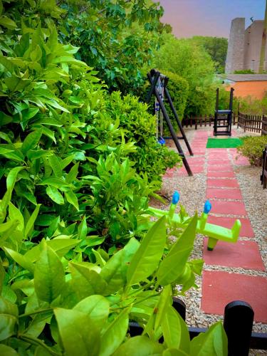 a garden with green plants and a red pathway at Residenze L'Isola Surf House in Porto Pollo