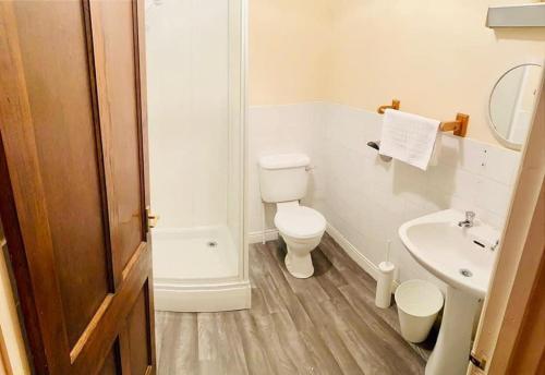 biała łazienka z toaletą i umywalką w obiekcie Bertie Pontypridd w mieście Trehafod