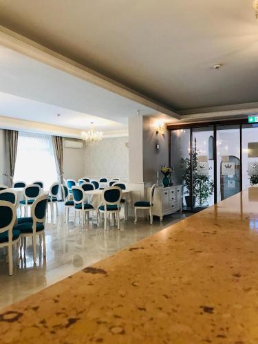 a dining room with a long table and chairs at Vila Turistica Principesa Margareta in Beiuş