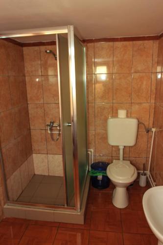 a bathroom with a shower with a toilet and a sink at Casa Ysa in Vama Veche