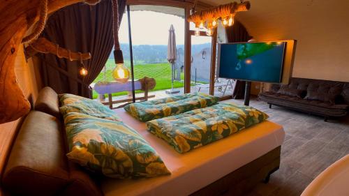 a living room with a couch and a flat screen tv at Himmelsbögen und Apartments mit Seeblick und Alleinlage in Weissensee