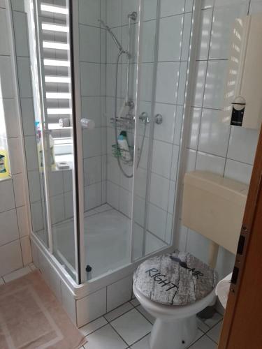 uma casa de banho com um chuveiro e um WC. em NiceRooms Aachen em Würselen