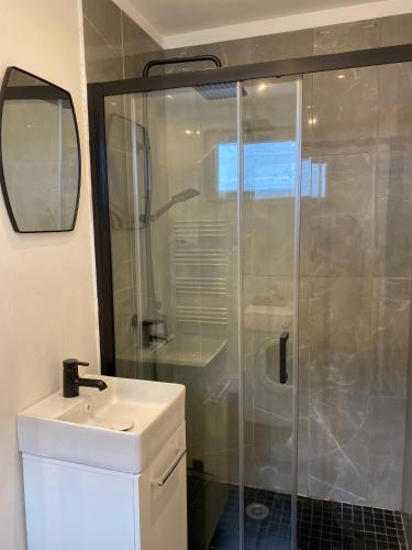 une salle de bain avec douche et lavabo dans l'établissement Le beffroi, à Calais