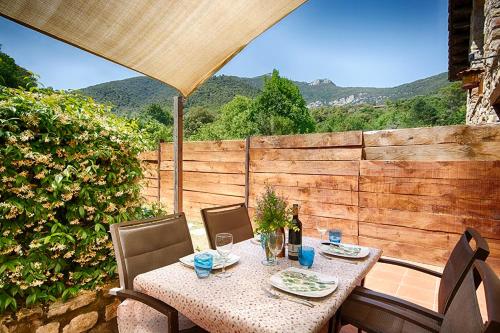 a table with a bottle of wine on a patio at Can Cruanyes in Sales del Llierca