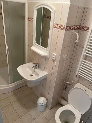 Un baño con inodoro, lavabo y espejo. en Chata u potoka 124, en Černý Důl