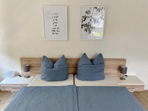 - une chambre avec un lit et des oreillers bleus dans l'établissement Ferienwohnung Flur 34, à Adenau
